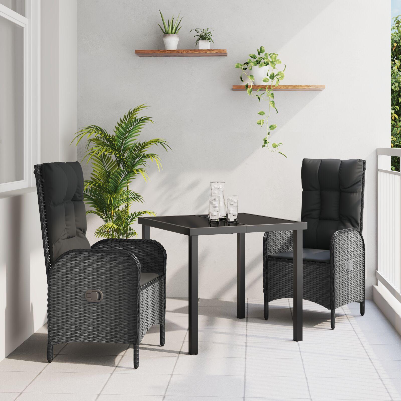Have spisebordssæt med puder i sort polyrattan - 3 dele