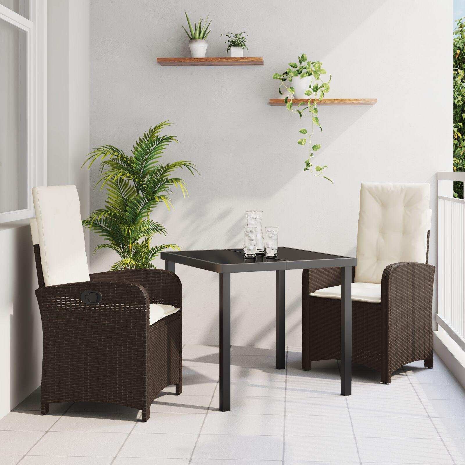 Have spisebordssæt med puder, 3 dele - brun polyrattan