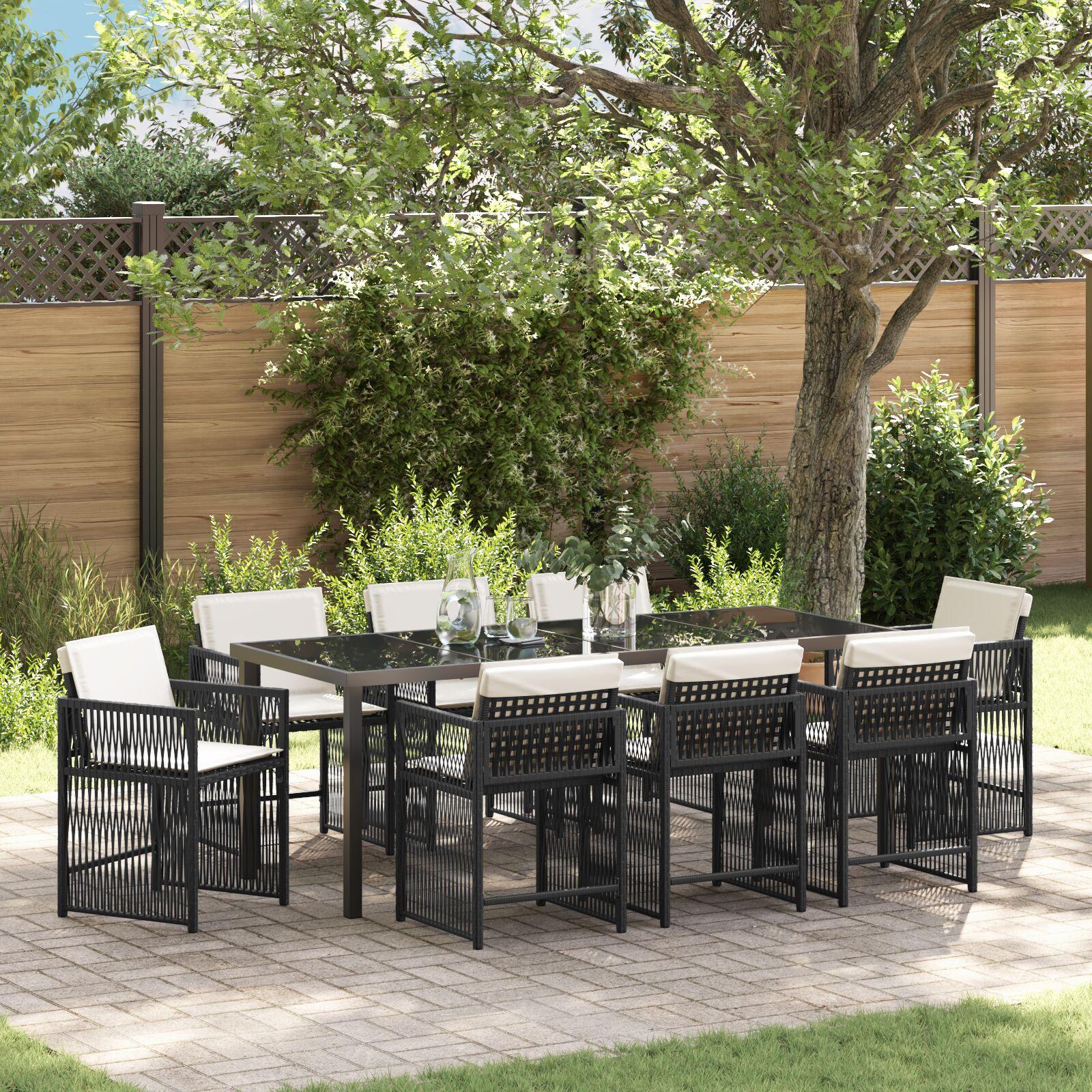 Have spisebordssæt i sort polyrattan - 9 dele med glasbord