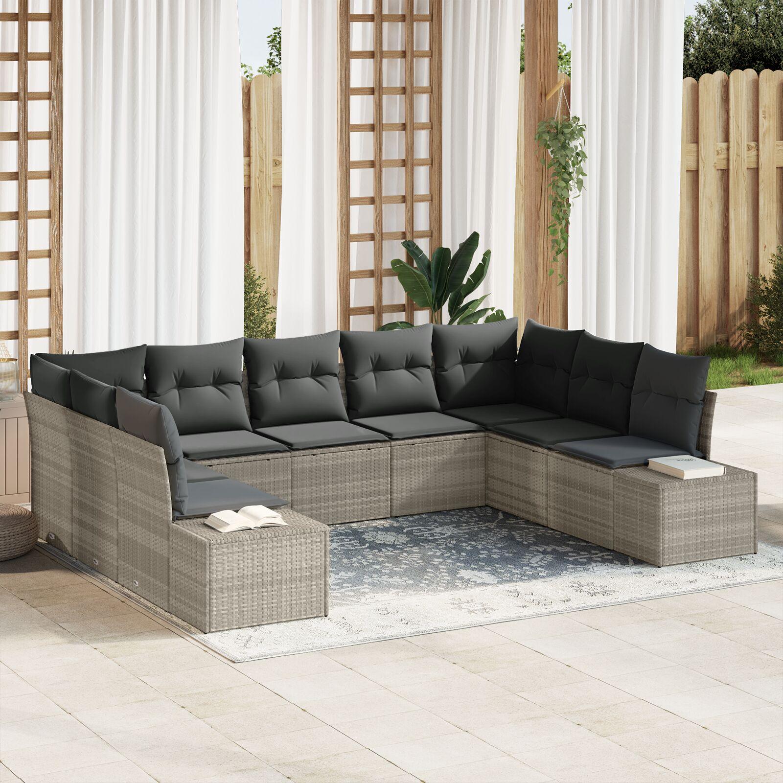 Havesofa sæt i lysegrå polyrattan - 9 dele, modulært loungesæt