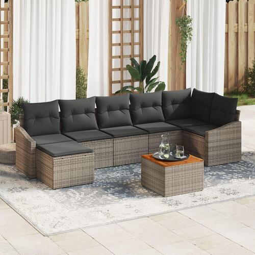 8 Piece Have Sofa Sæt med Puder Grå Poly Rattan Akacietræ