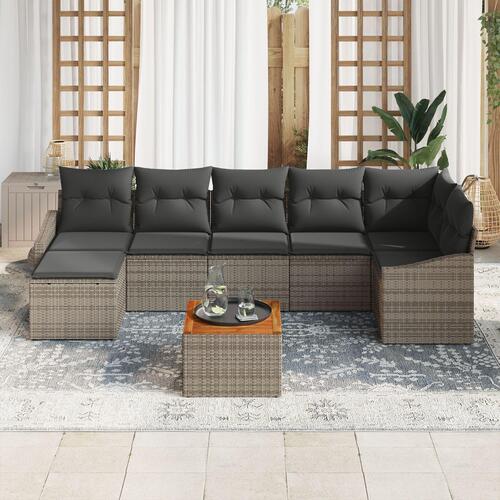 8 Piece Have Sofa Sæt med Puder Grå Poly Rattan Akacietræ