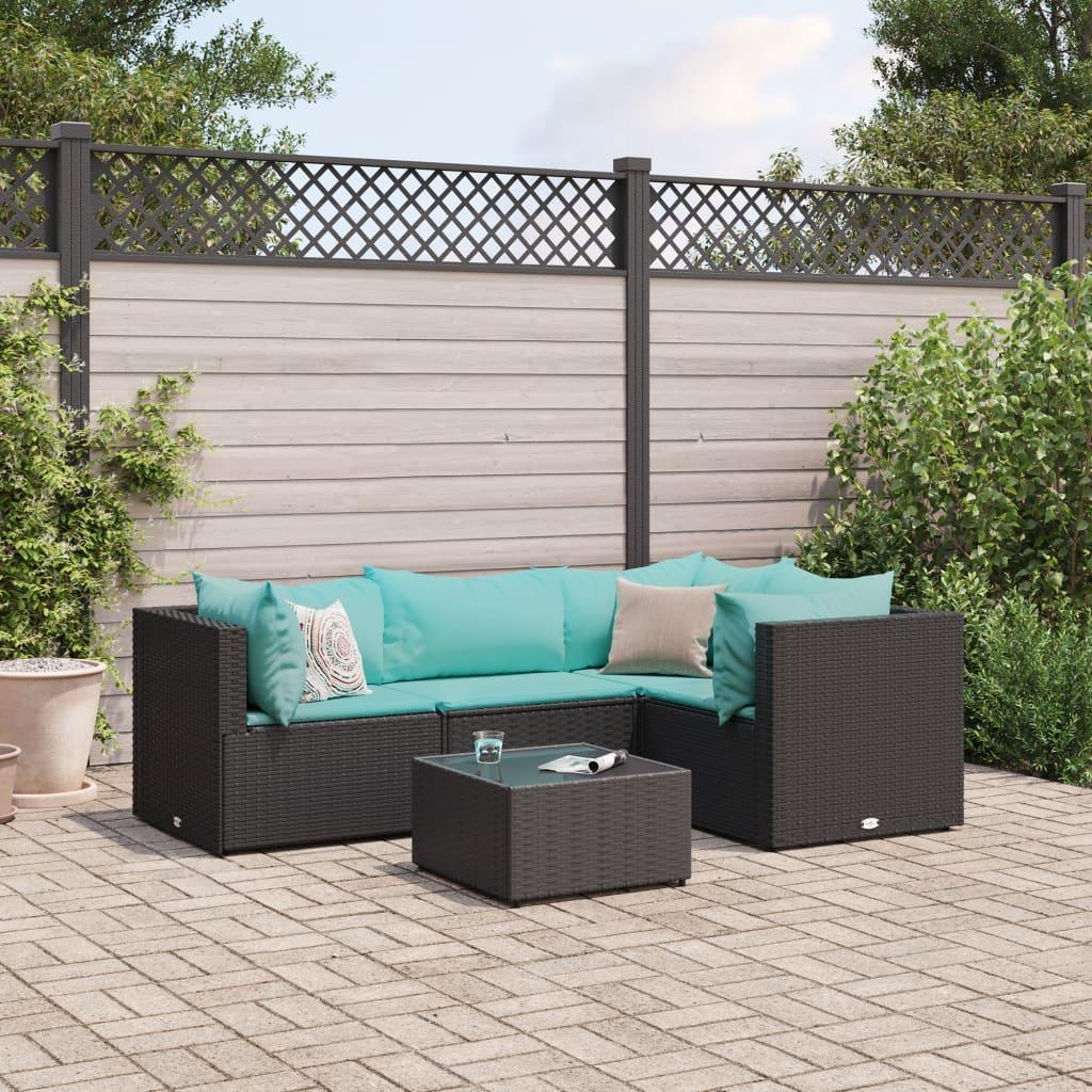 Loungesæt til haven - 5 dele i sort polyrattan med aquablå hynder