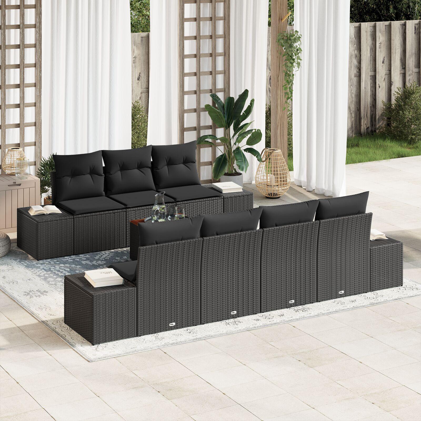 Modulært havesofa-sæt med opbevaring, 8 dele - sort polyrattan