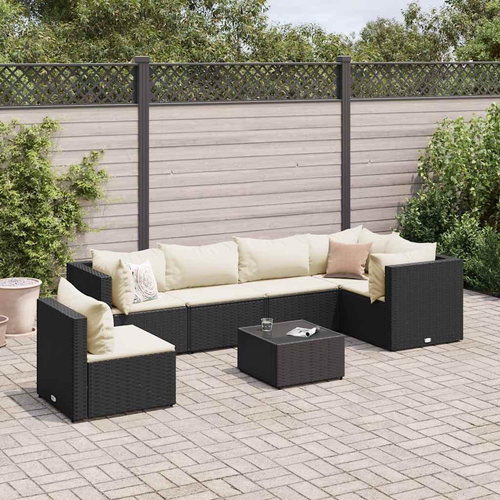 Loungesæt til haven i polyrattan - 7 dele med hynder, sort