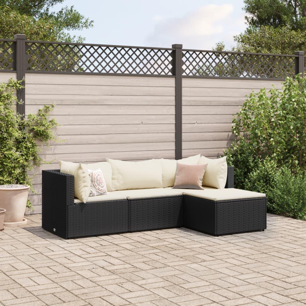 Loungesæt Til Haven 4 Dele Med Hynder Polyrattan - 4 / Sort og cremefarvet