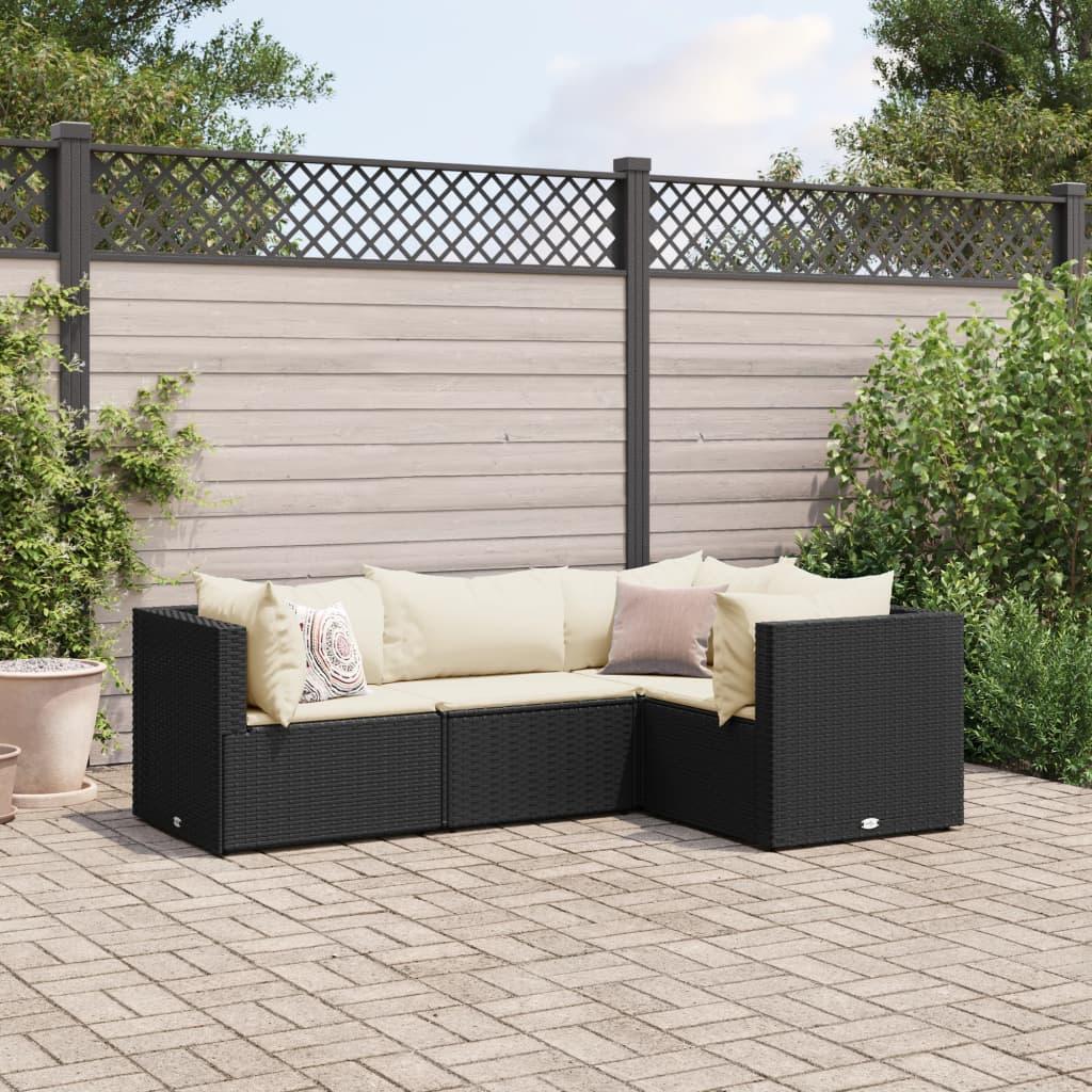 Loungesæt til haven i polyrattan - 4 dele med hynder, sort