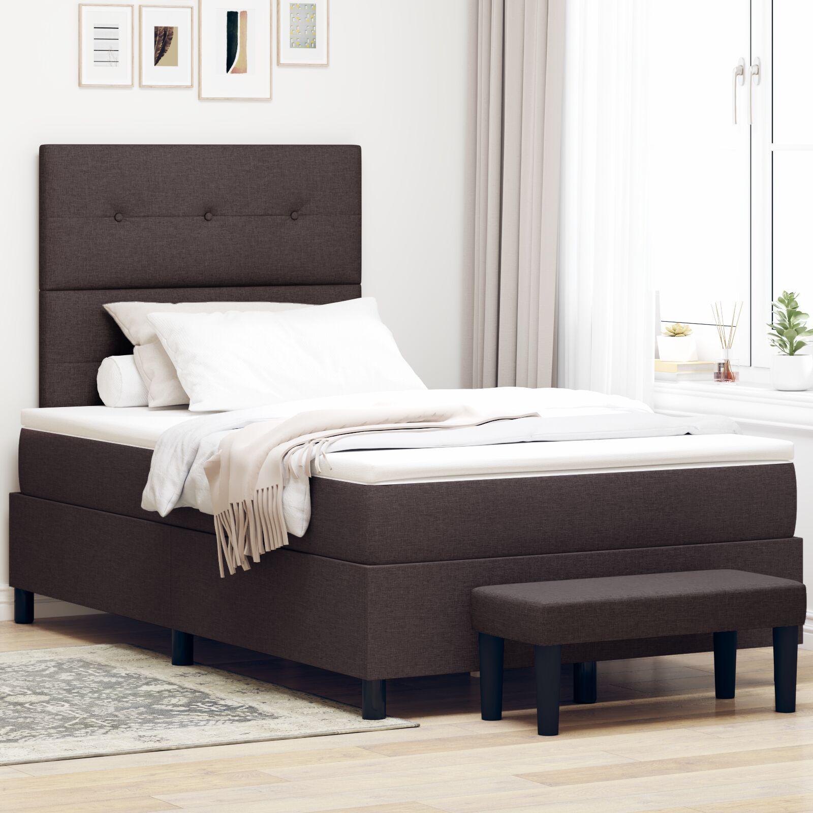 Box Spring Seng med Madras & Bænk Mørkebrun 120x190 cm Stof