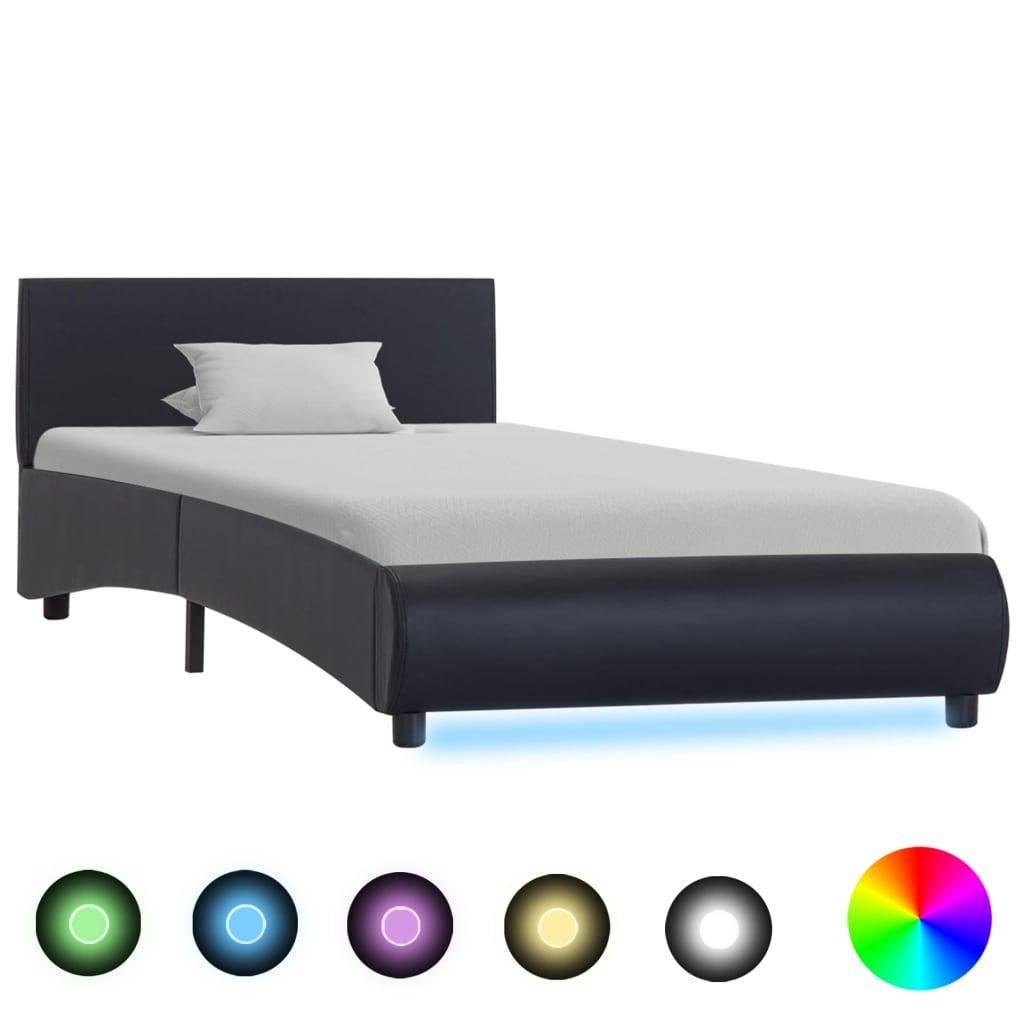 Sengestel Med Led Kunstlæder - Sort / 90 x 200 cm
