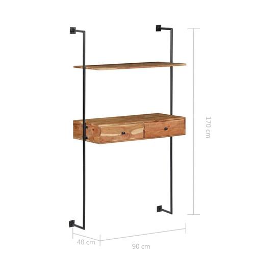 Vægmonteret skrivebord massivt akacietræ 90 x 40 x 170 cm