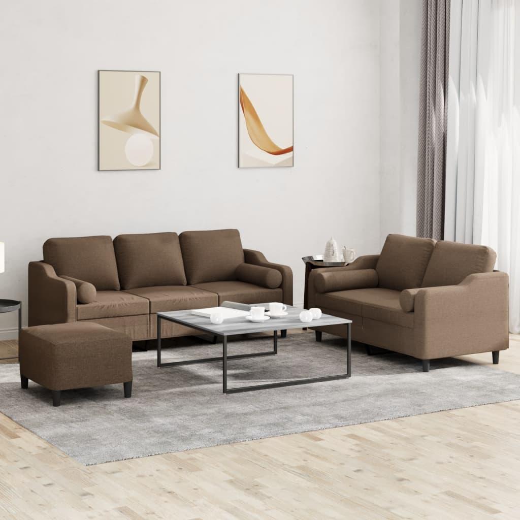 Sofasæt i stof - 3 dele med puder, brun