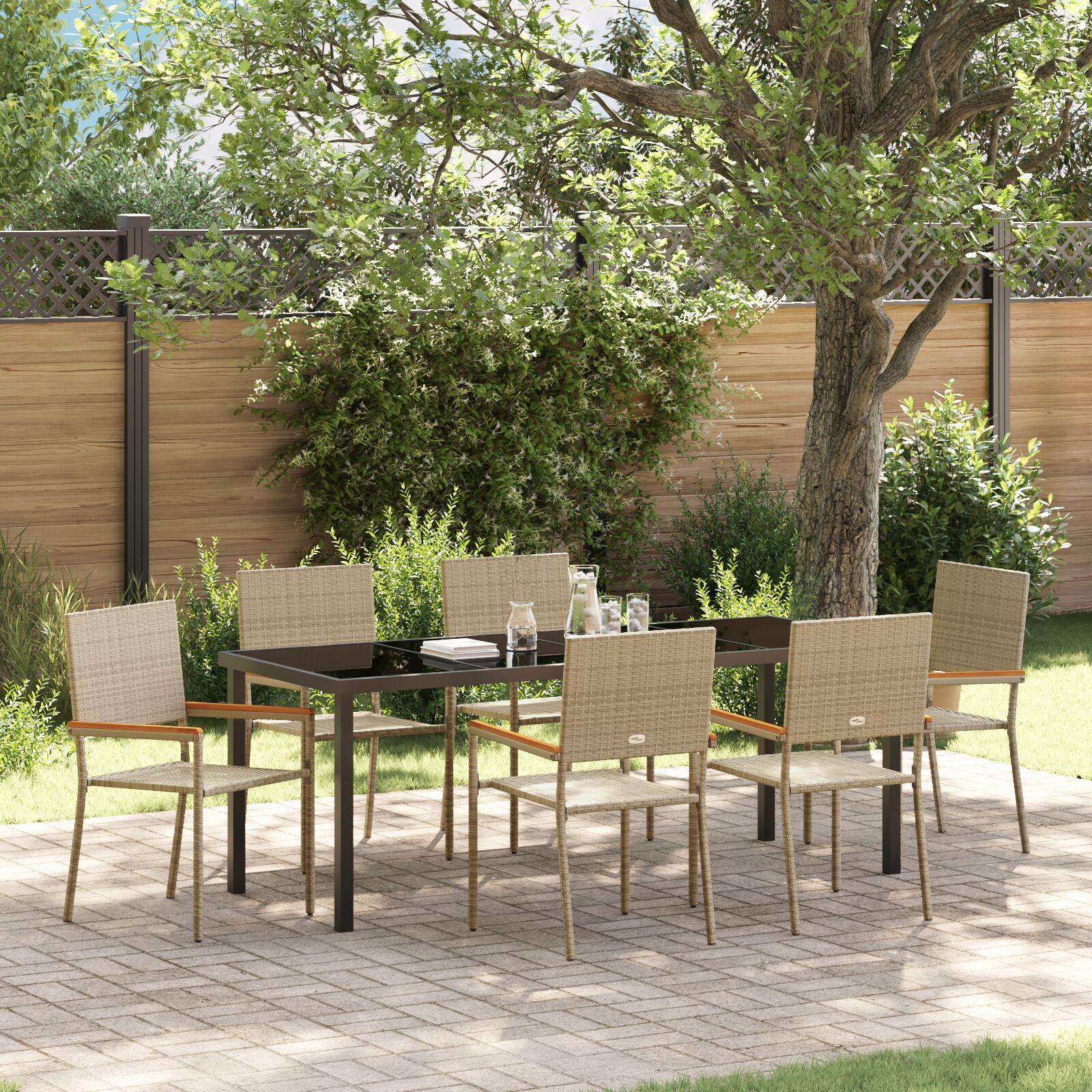 Have spisebordssæt med puder - 7 dele i beige polyrattan, glasbord 200 × 80 cm