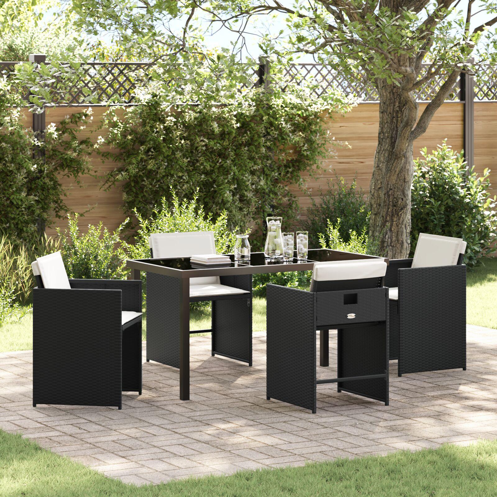 Have spisebordssæt i sort polyrattan med puder - 5 dele, 4 pladser