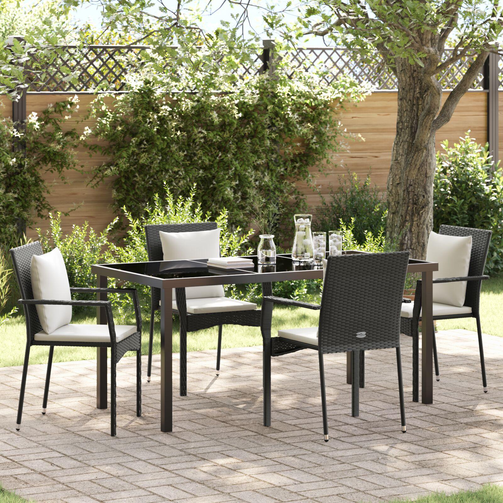 Have spisebordssæt i sort polyrattan med puder - 5 dele, 4 pladser