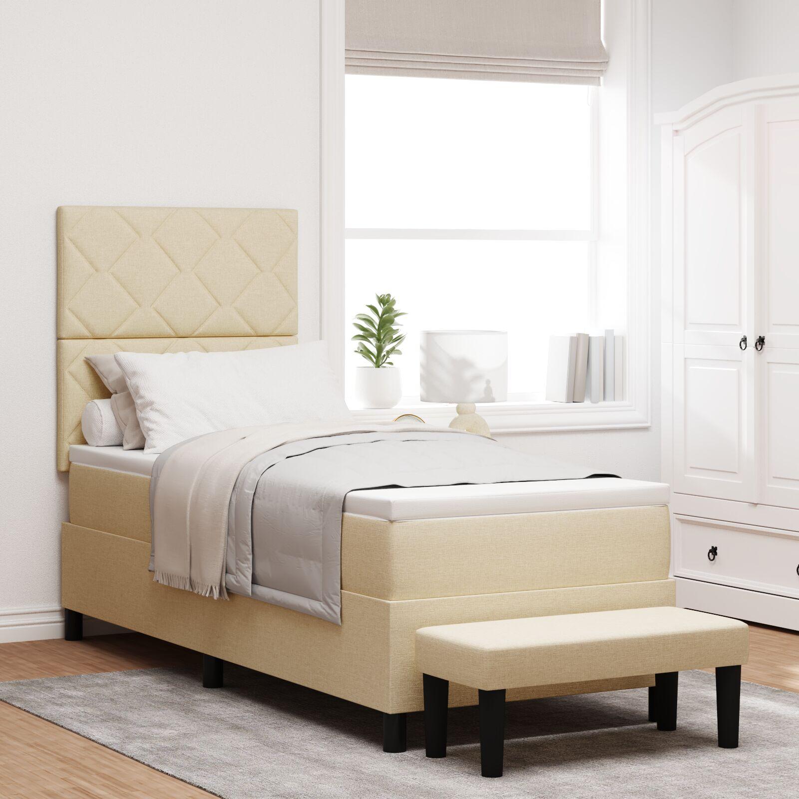 Kontinentalseng med hovedgærde og bænk 80 x 200 cm - creme stof
