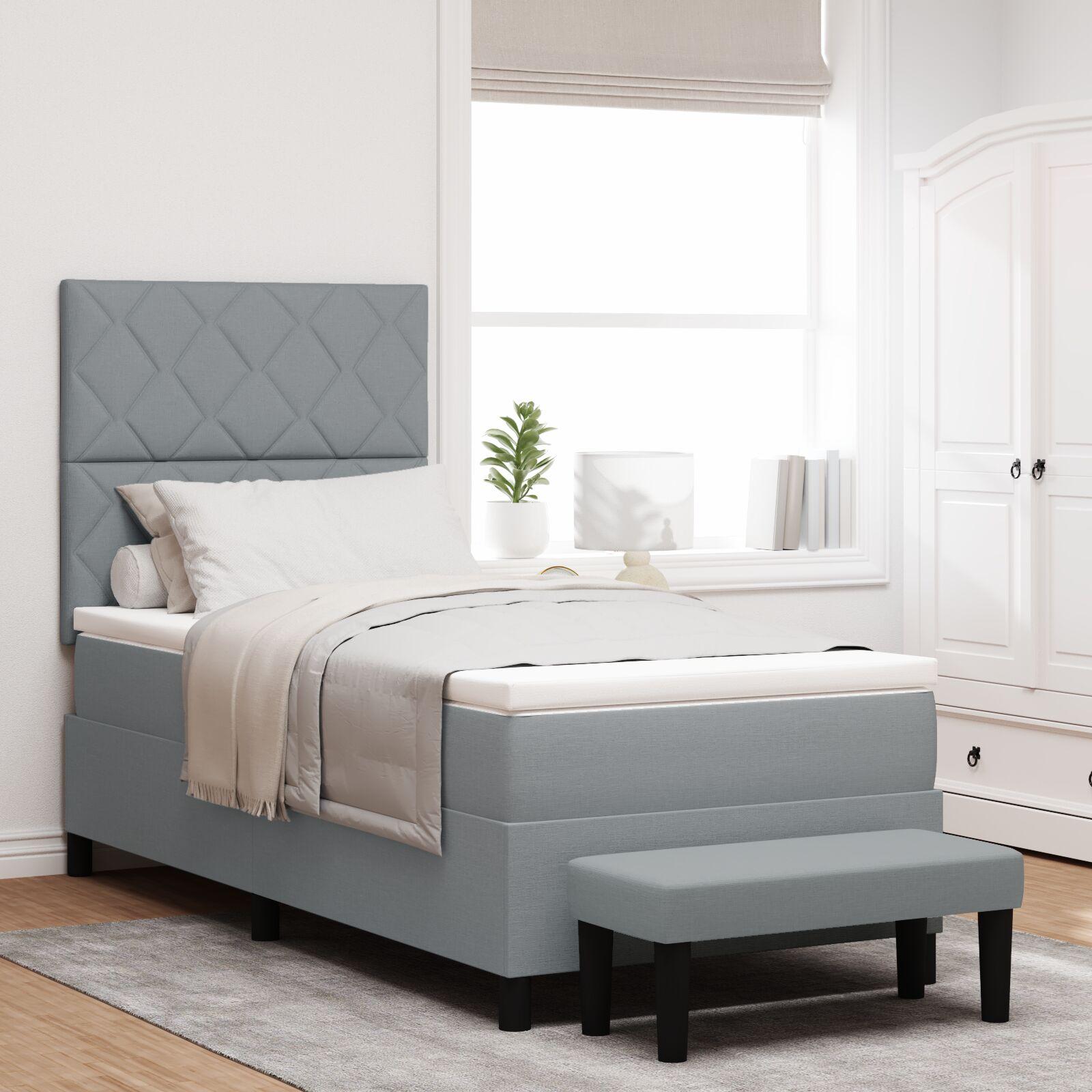 Kontinentalseng med hovedgærde og bænk 90 x 190 cm - lysegrå stof