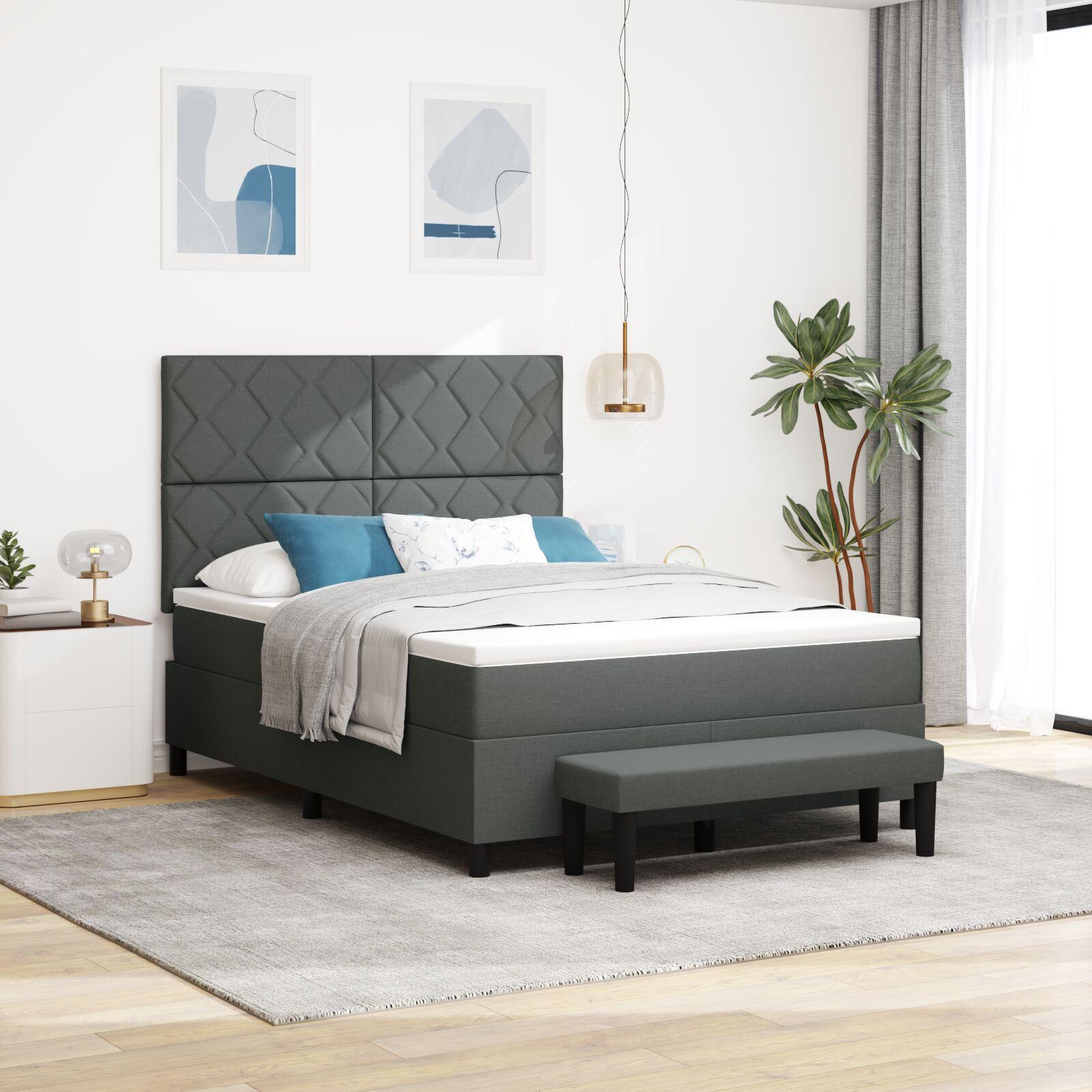 Kontinentalseng med hovedgærde og bænk 140 x 190 cm mørkegrå stof