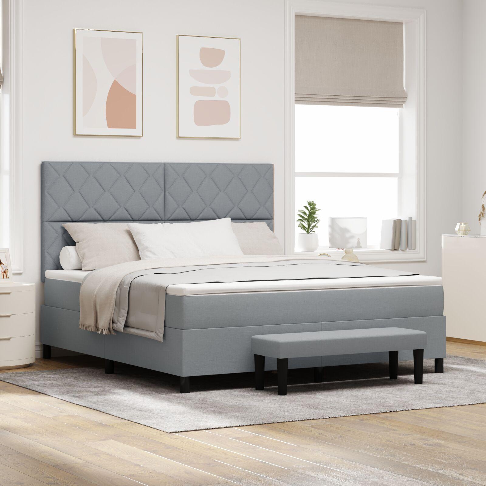 Lys Grå Box Spring Seng Med Madras & Bænk 180x200 Cm Stof