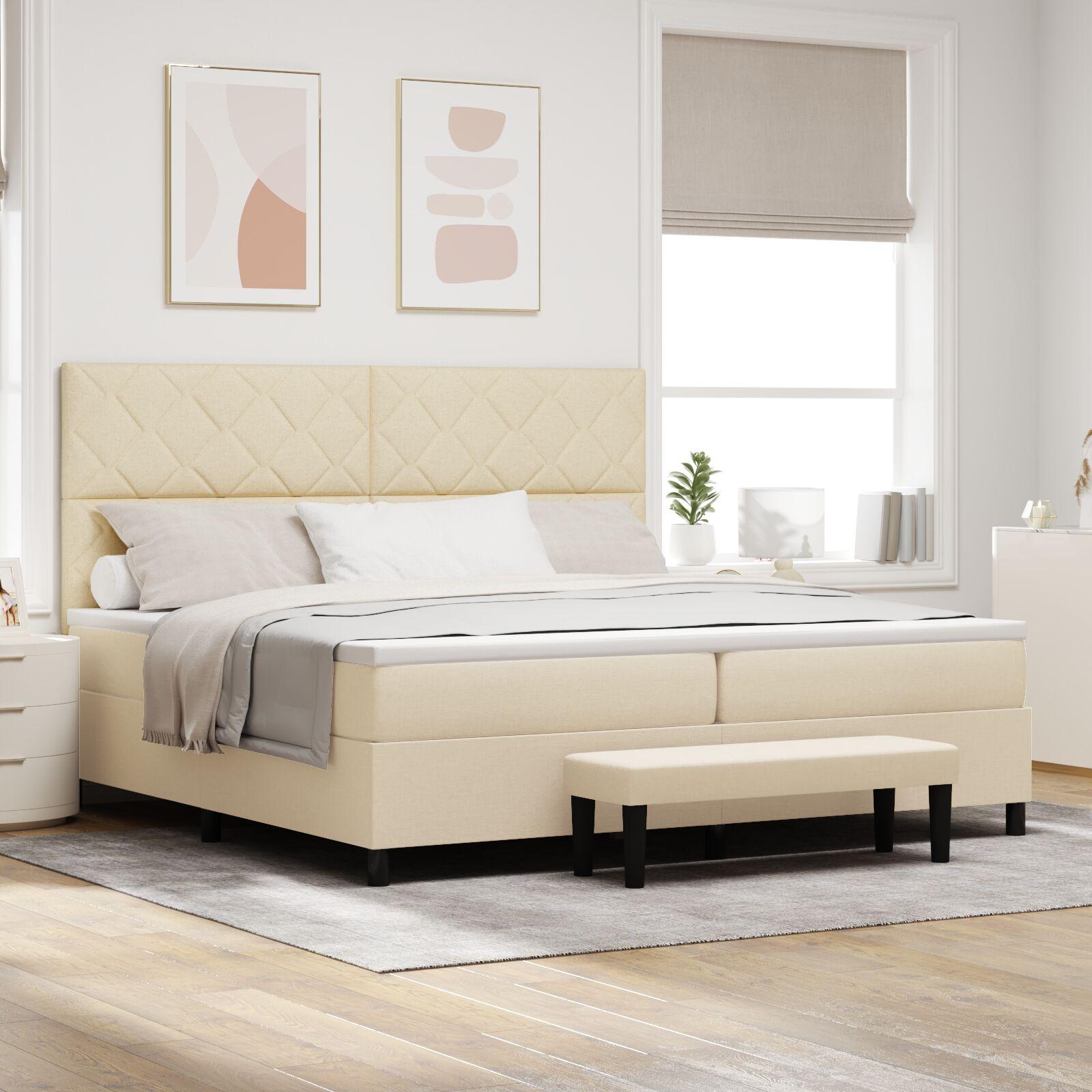 Kontinentalseng med hovedgærde og bænk 200 x 200 cm - creme stof