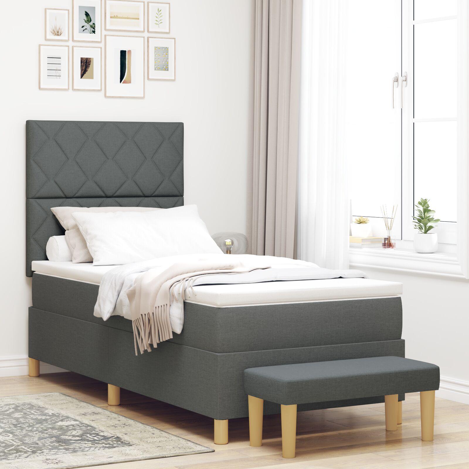 Kontinentalseng mørkegrå 90 x 190 cm med madras, topmadras og bænk
