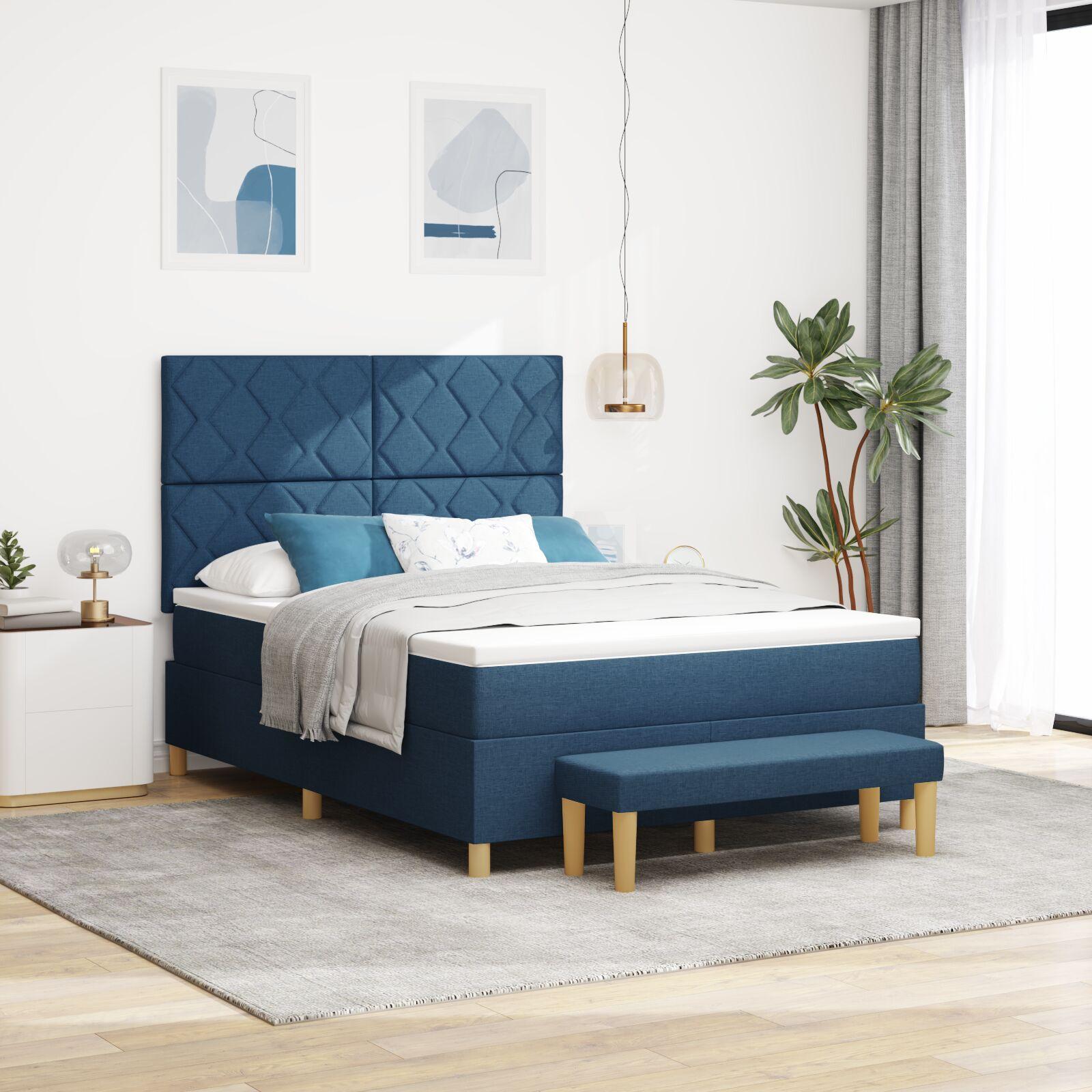 Kontinentalseng med hovedgærde og bænk 140 x 190 cm - blå stof