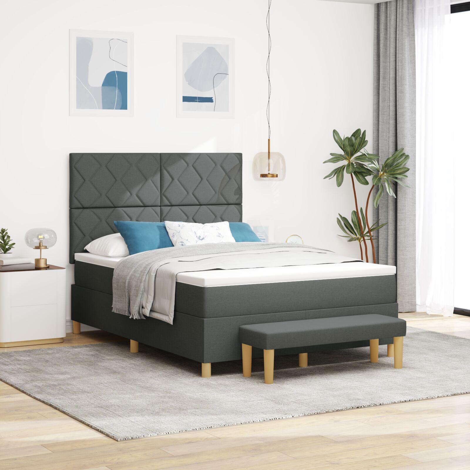 Kontinentalseng med hovedgærde og bænk 140 x 200 cm mørkegrå stof