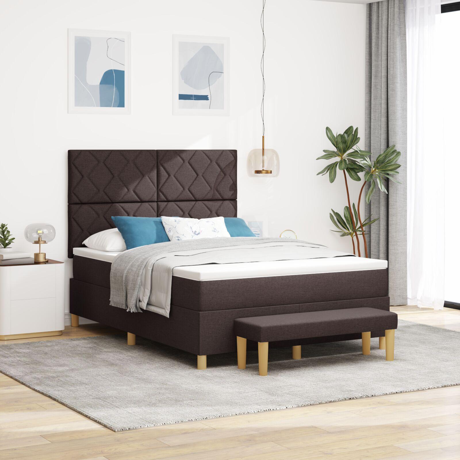 Kontinentalseng 140 x 200 cm med hovedgærde og bænk - mørkebrun stof