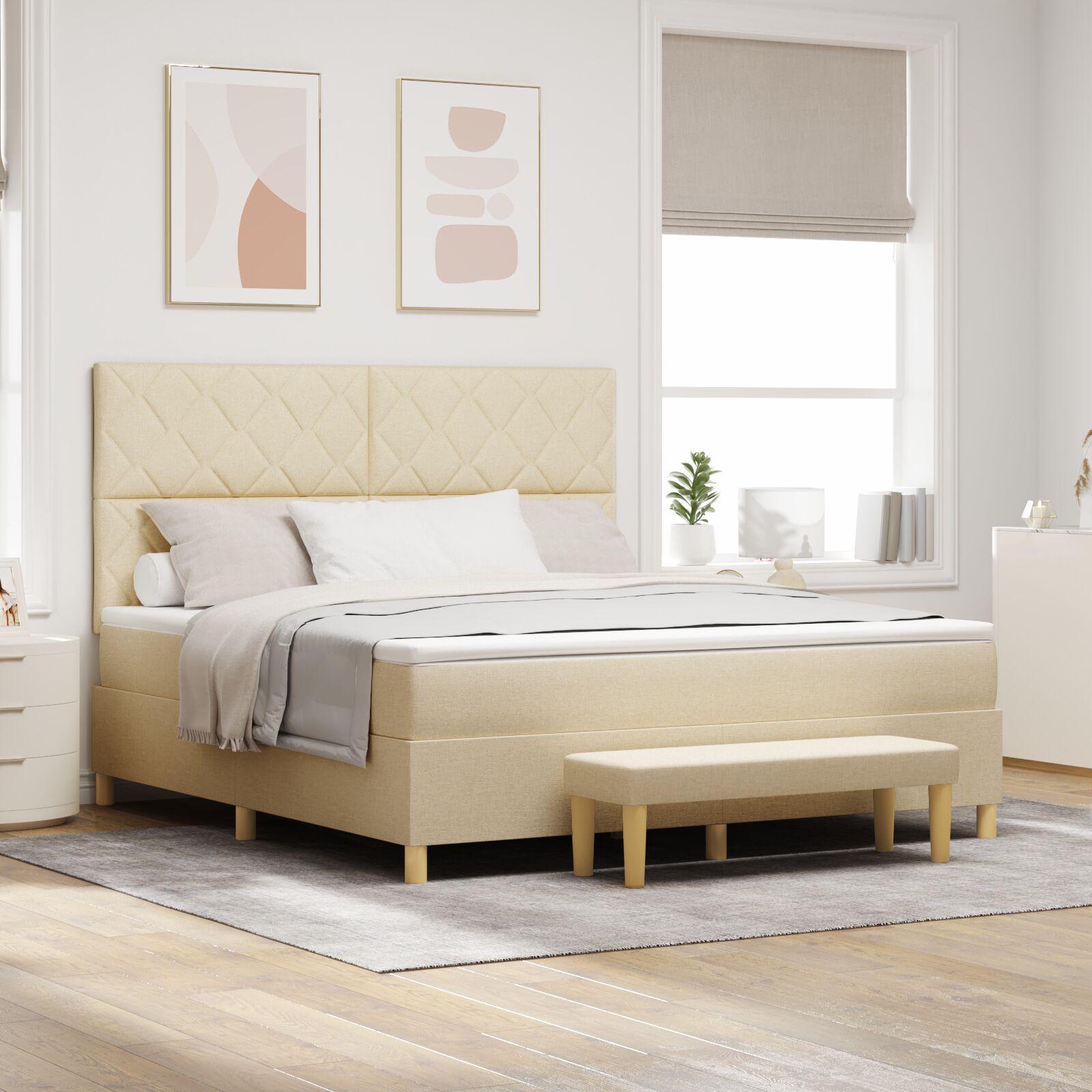 Box Spring Seng Med Madras & Bænk Creme 180x200 Cm Stof