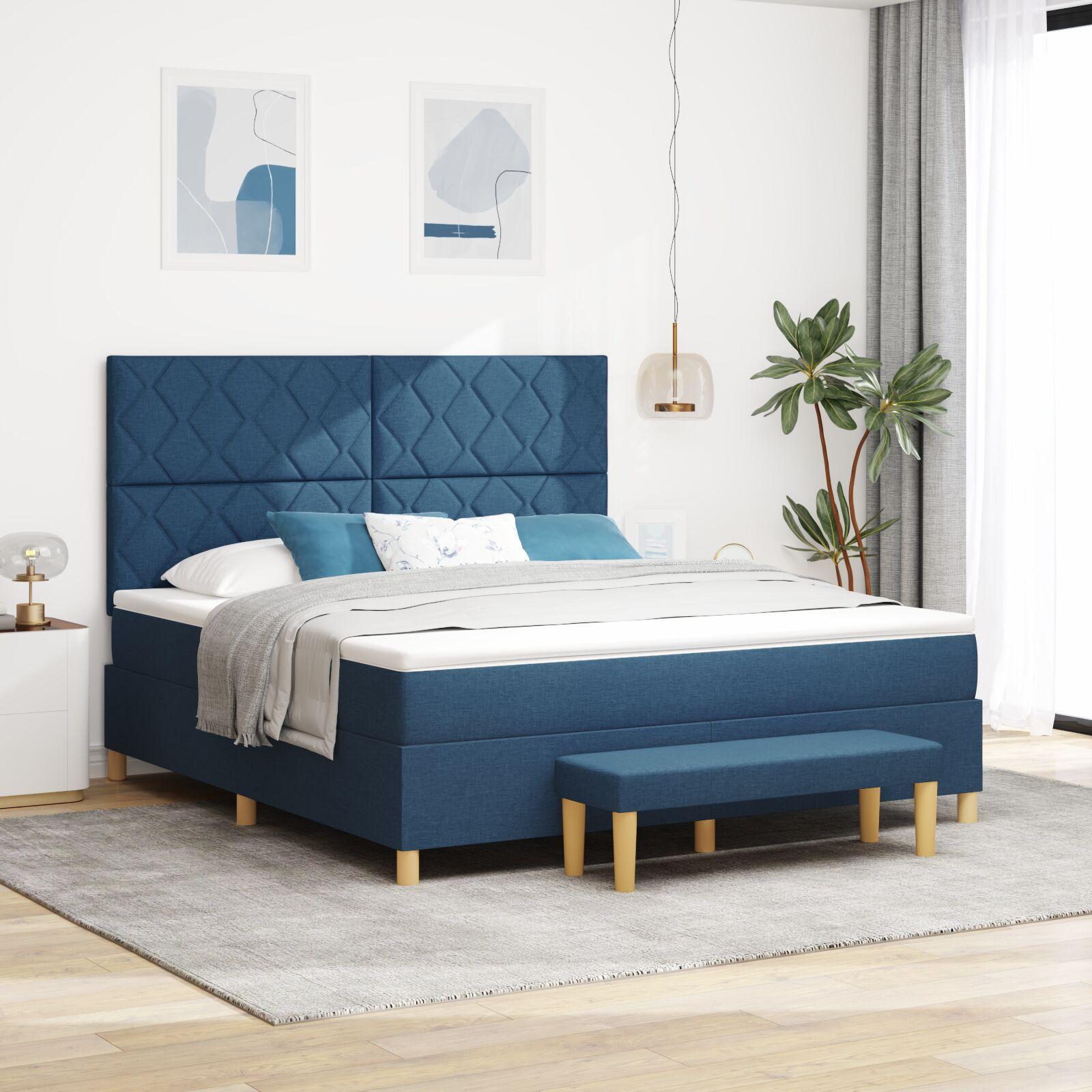 Kontinentalseng med hovedgærde og bænk 180 x 200 cm - blå stof