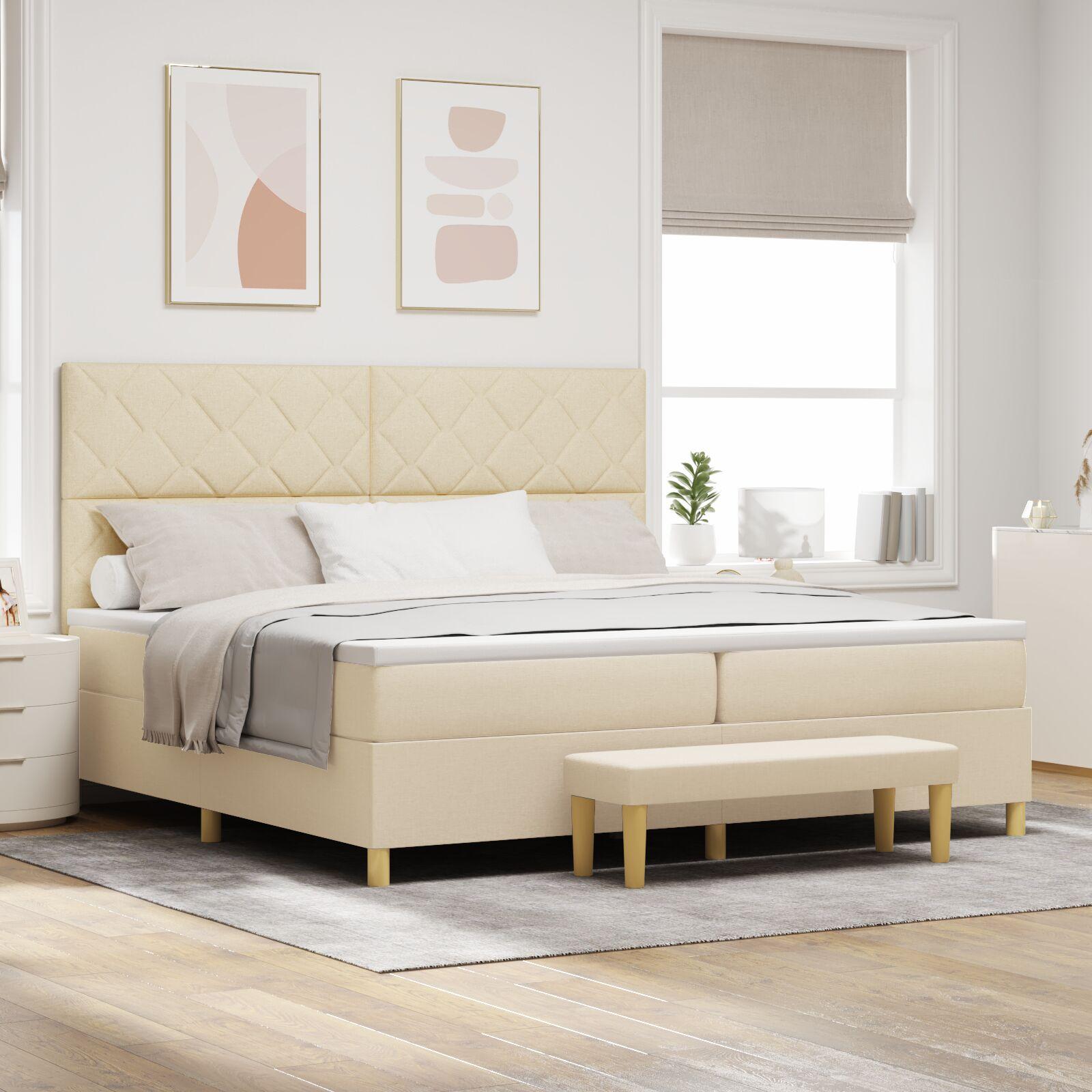 Box Spring Seng Med Madras & Bænk Creme 200x200 Cm Stof
