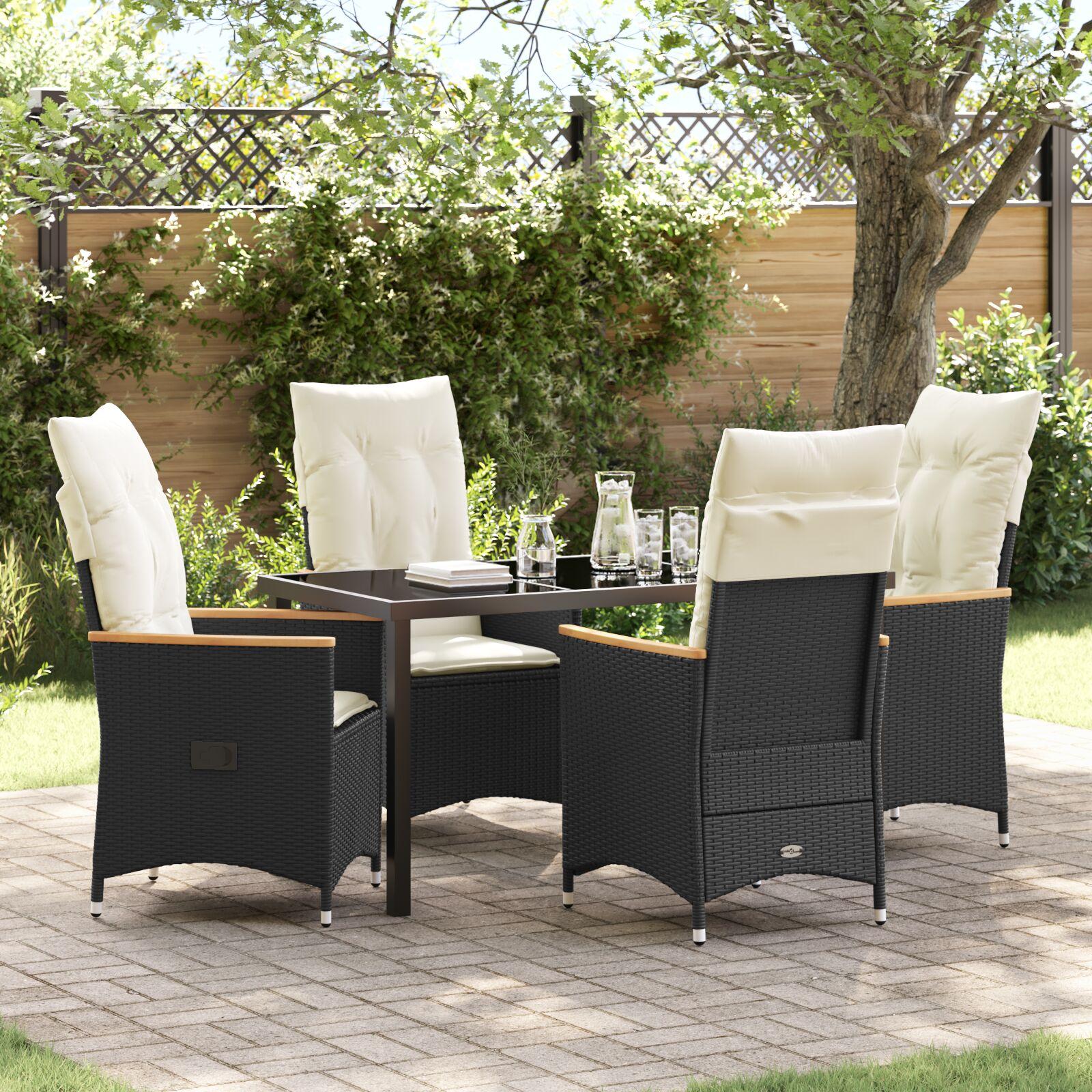 Have spisebordssæt i sort polyrattan med hynder - 5 dele