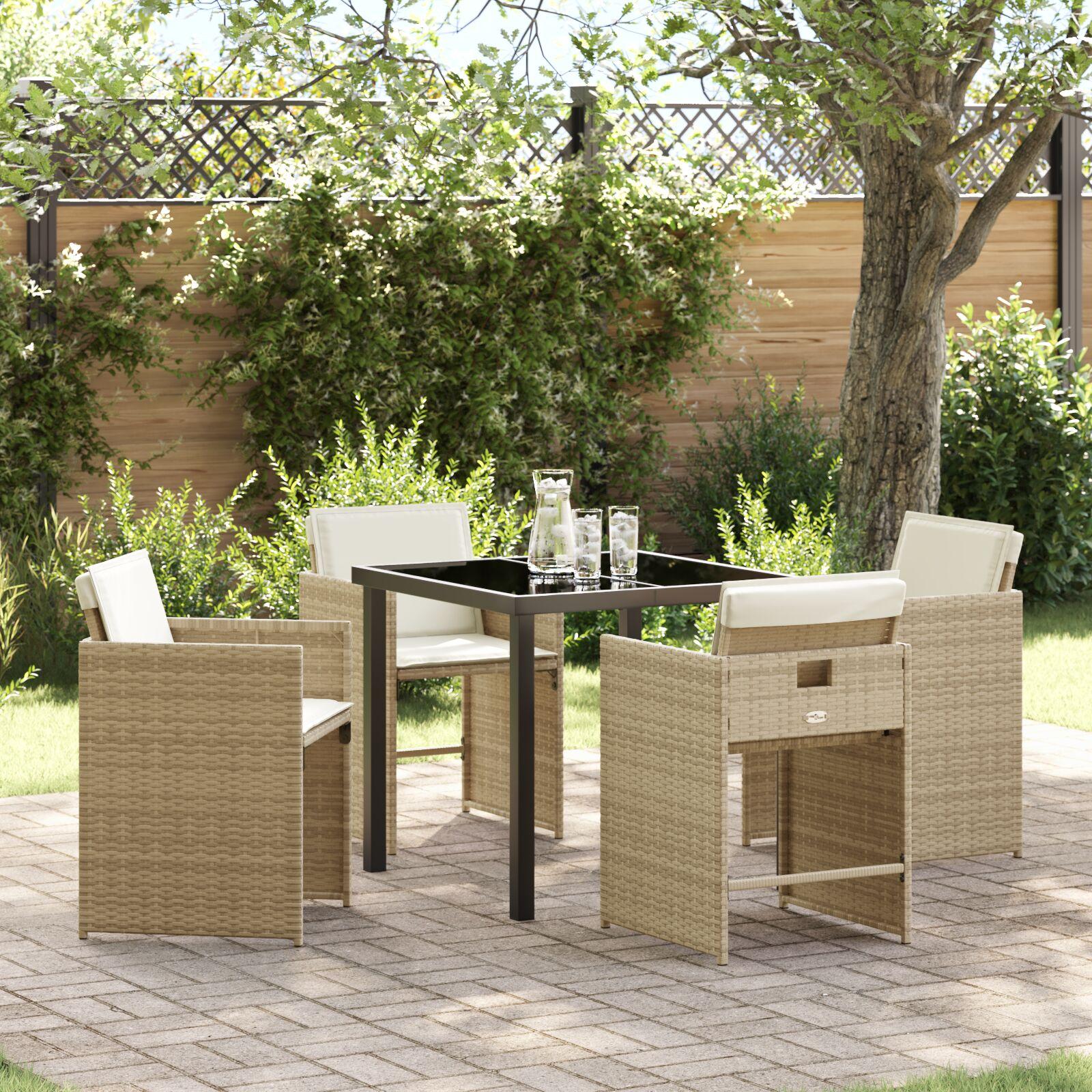 Have spisebordssæt i beige polyrattan med puder - 5 dele, glasbord