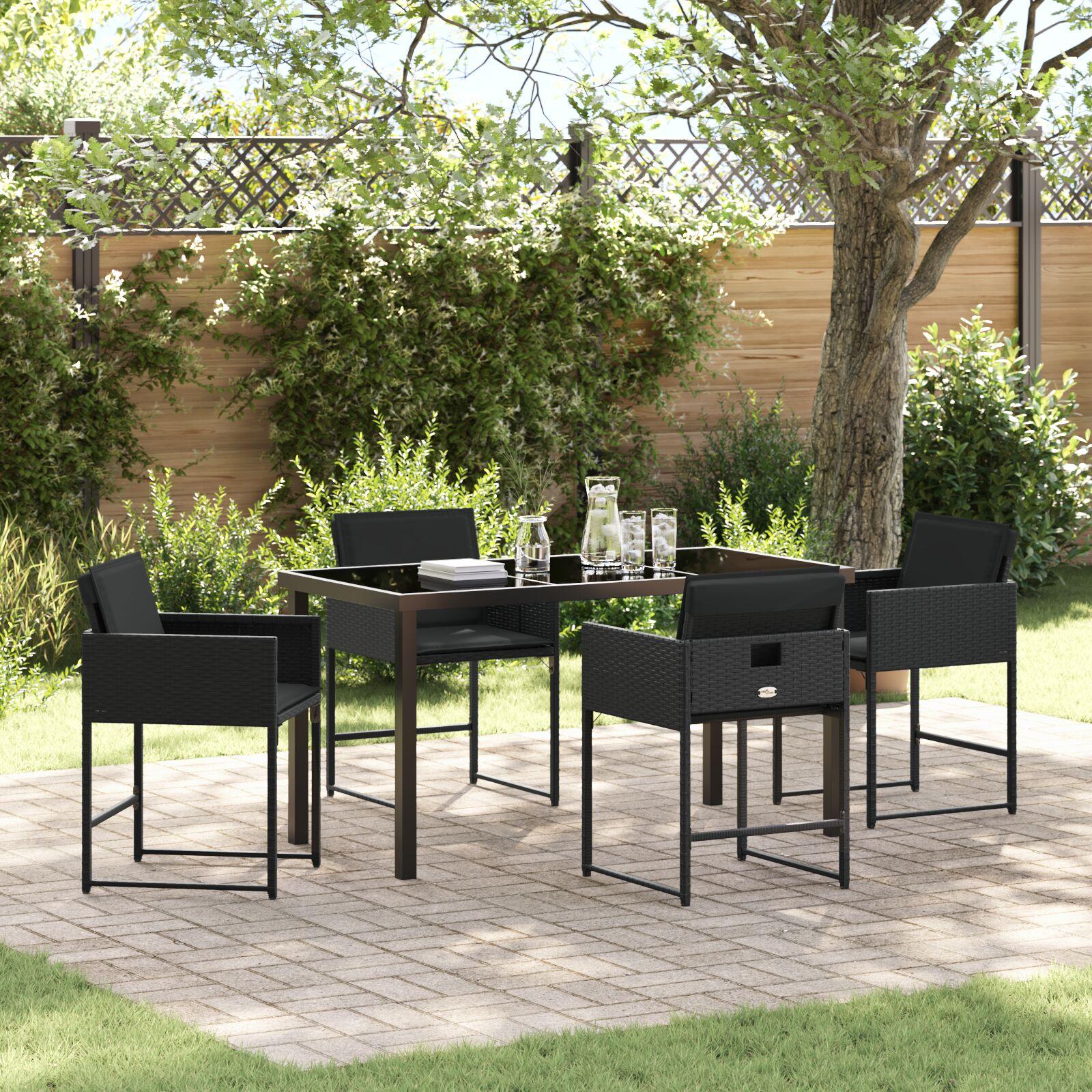 Have spisebordssæt i sort polyrattan med puder - 5 dele, 4 pladser