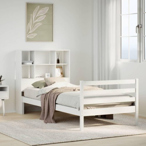 Seng med reol uden madras 90x200 cm massivt fyrretræ hvid