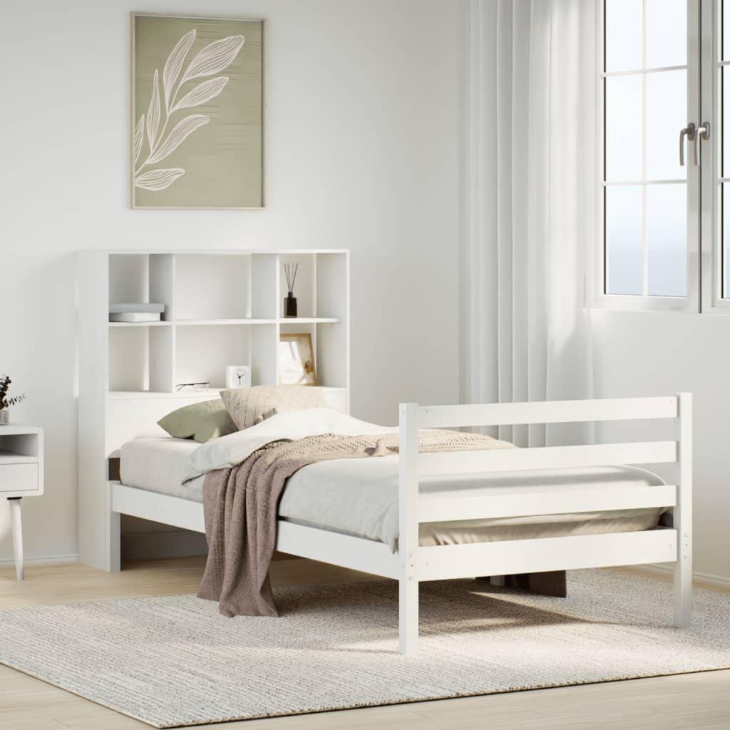 Seng med reol uden madras 90x200 cm massivt fyrretræ hvid