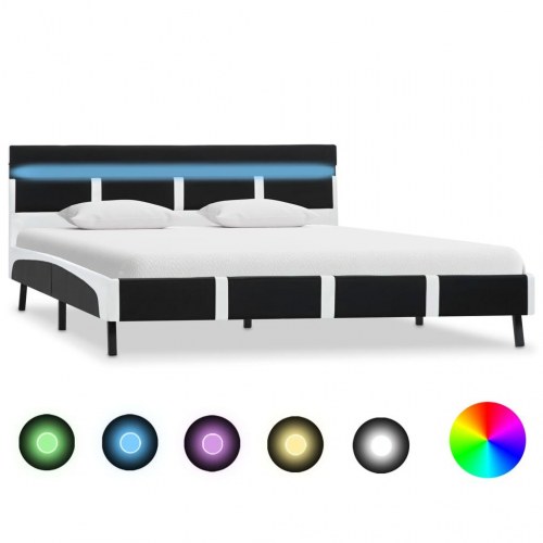 Sengeramme med LED 160 x 200 cm kunstlæder - hvid/sort