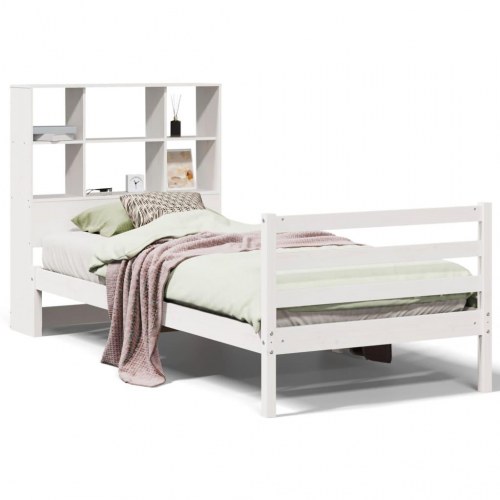 Seng med reol uden madras 90x190 cm massivt fyrretræ hvid