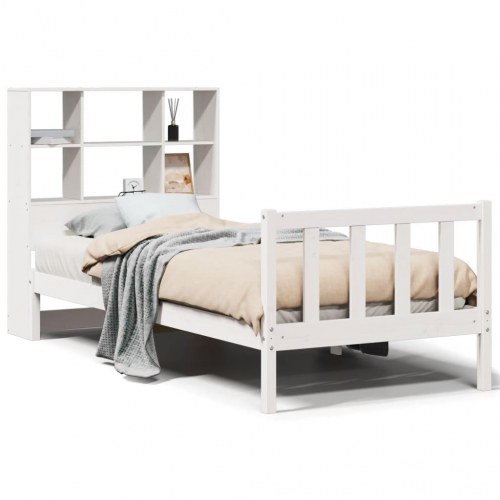 Seng med reol uden madras 90x190 cm massivt fyrretræ hvid