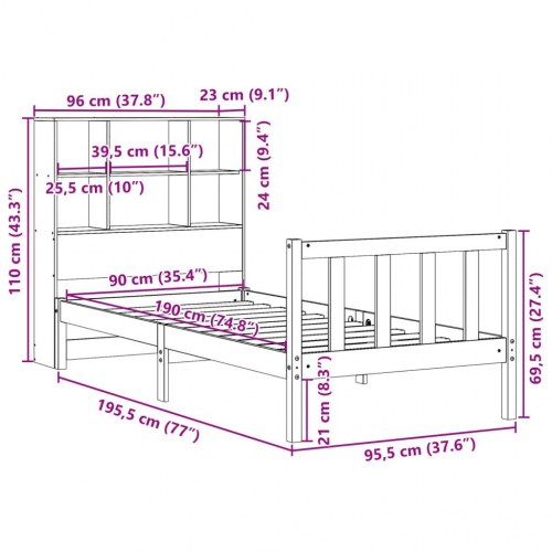 Seng med reol uden madras 90x190 cm massivt fyrretræ hvid