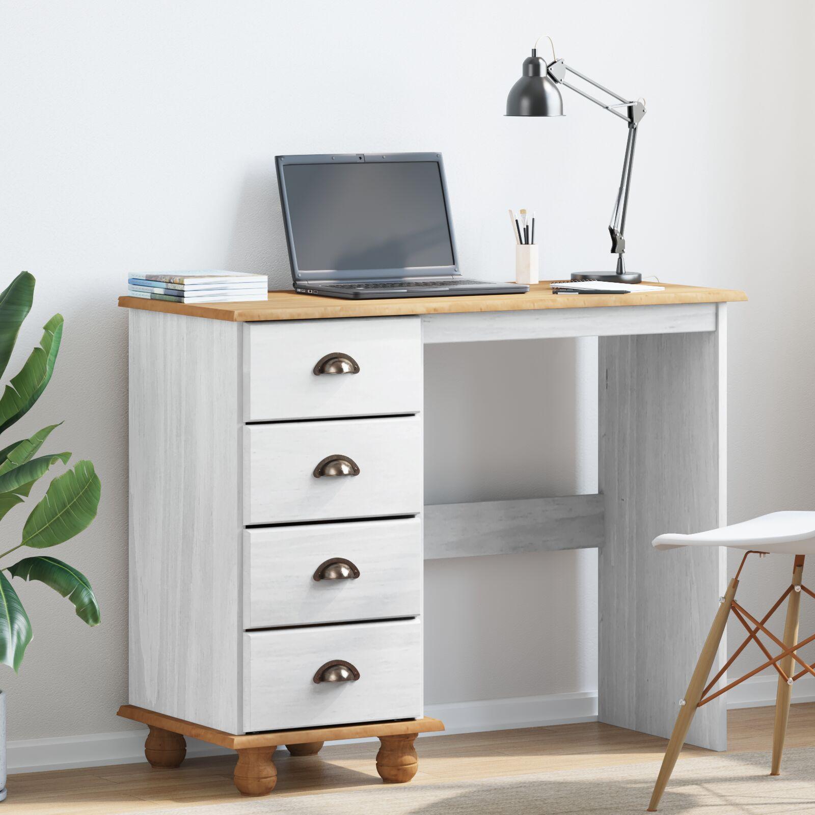 Skrivebord  "askim  " Med Skuffer Hvid 95x40x75 Cm Solid Træ Fyr