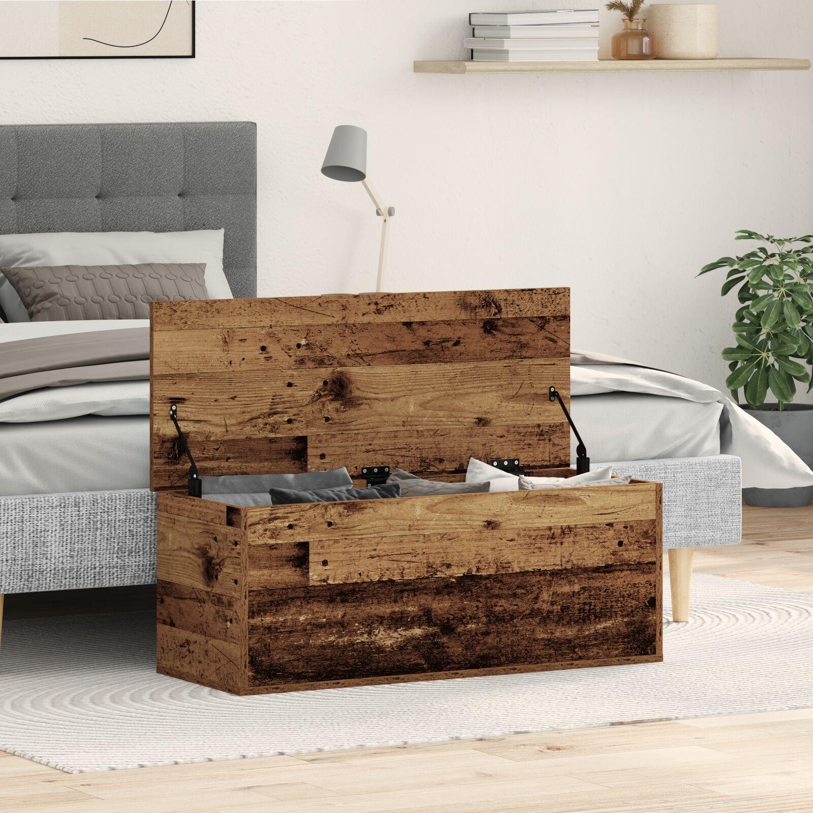 Opbevaringskasse med låg i gammelt træ 90 x 35 x 35 cm
