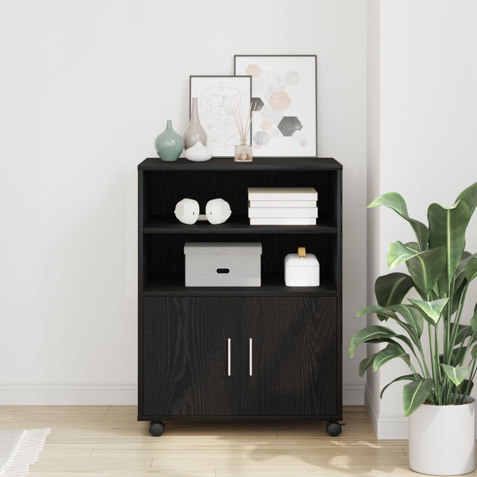 Kabinet med hylder og døre på hjul - sort eg, 60 × 48 × 81 cm