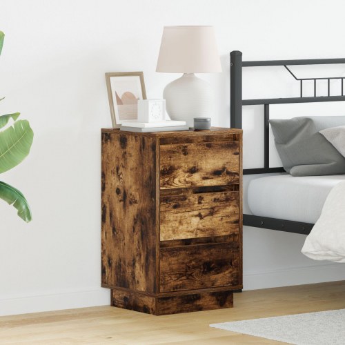 Sengebord med LED Røget Egetræ 39x34.5x65 cm Konstrueret Træ