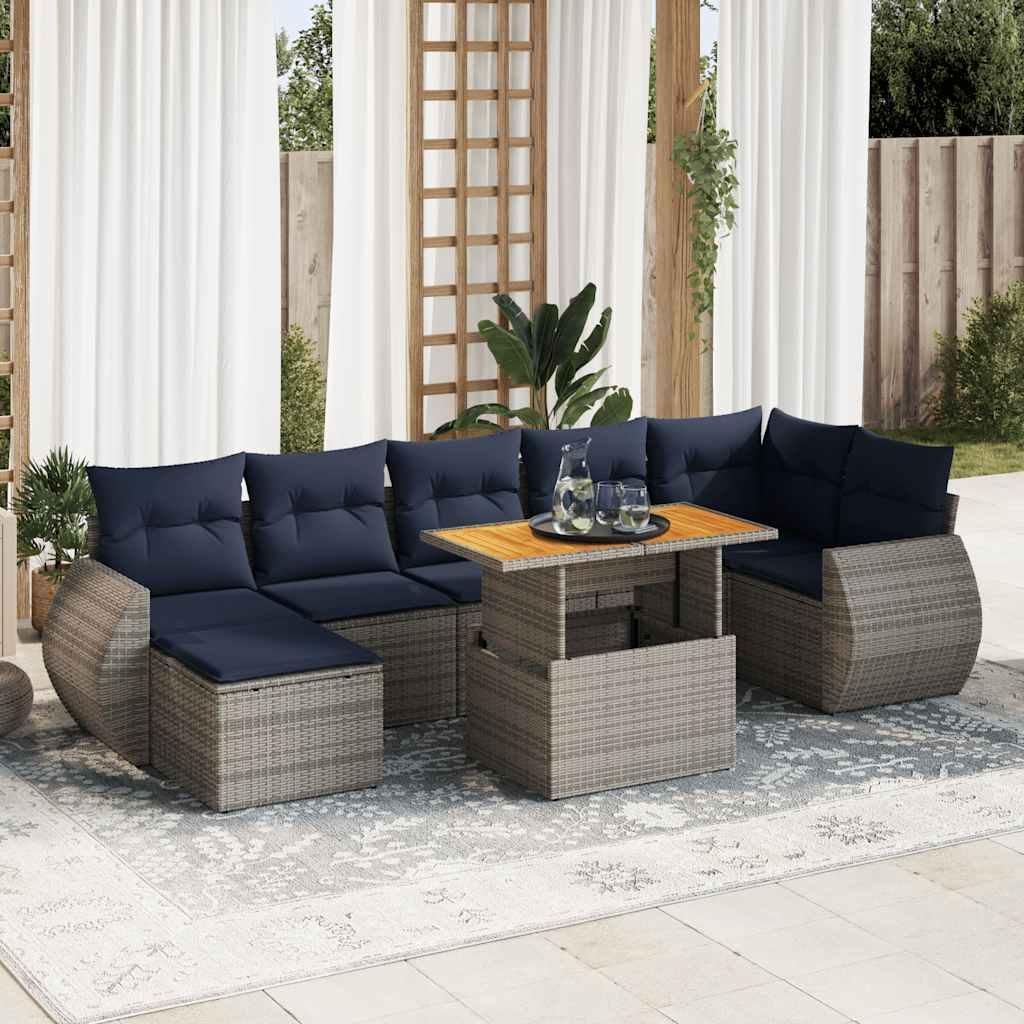 Sofasæt til haven i polyrattan, 8 dele med hynder - grå/marineblå