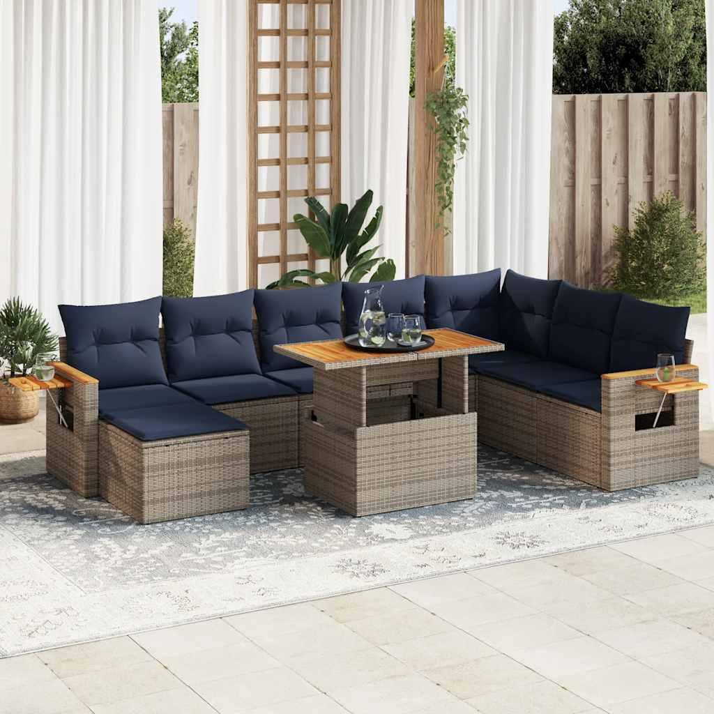 Sofasæt til haven i polyrattan og akacietræ - 10 dele, grå med marineblå hynder