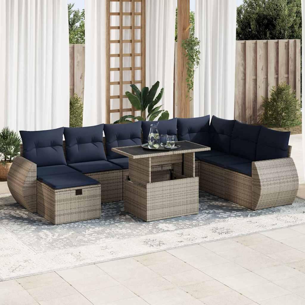Sofasæt til Haven 9 Dele med Hynder Polyrattan Akacietræ - Grå