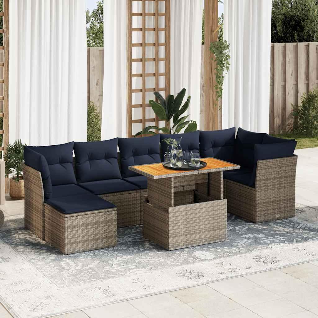 Havesofasæt i polyrattan, 8 dele med hynder - grå/marineblå