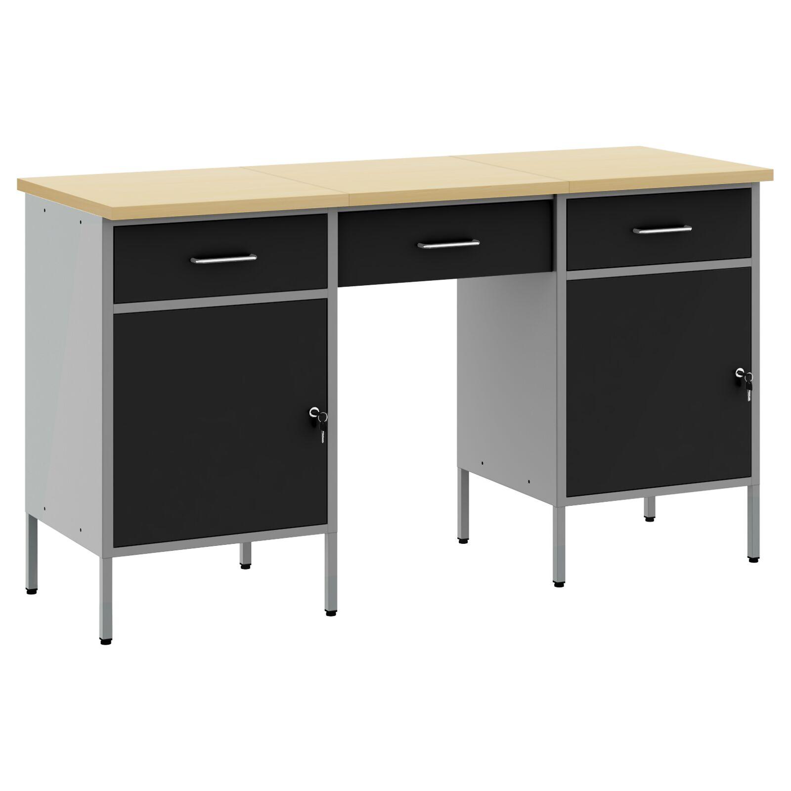 Arbejdsskab med 3 skuffer og lås 150 x 55 x 85 cm i sort ingeniørtræ og stål