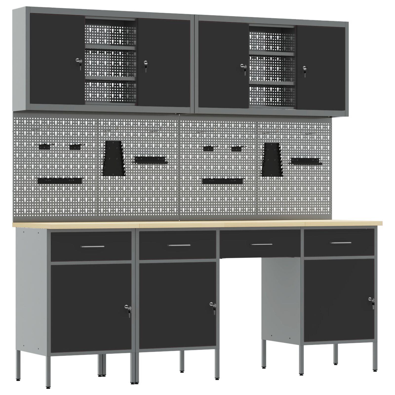 Arbejdsskab med lås og 4 skuffer 200 x 55 x 200 cm - sort ingeniørtræ og stål