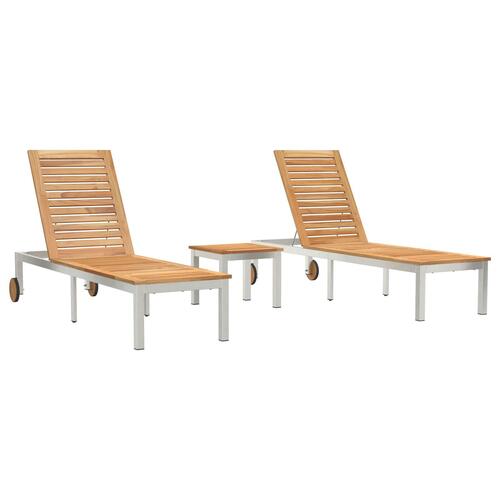 Solstole 2 stk med bord Solid Wood Teak, Solstol med Hjul 207x58x35 cm Solid Wood Acacia & Rustfrit Stål